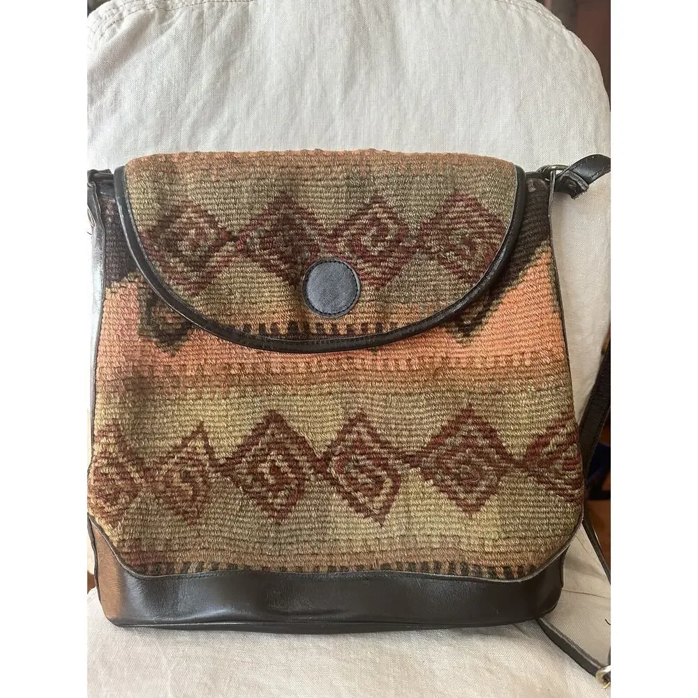 Vintage Purse Woven Jute Leather Crossbody Black Brown Rug Kilim Messenger Bag - Picture 2 of 16
